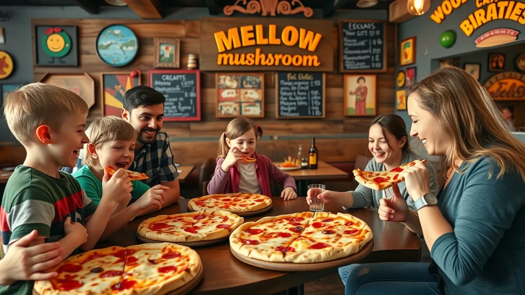 Colorful pizzas being served to a family at Mellow Mushroom in Branson; kids excited with playful mood