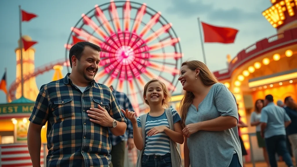 Family standing joyfully near a vintage-style roller coaster at Silver Dollar City, with carnival lights and 1880s architecture in the background, excitement and laughter all around.