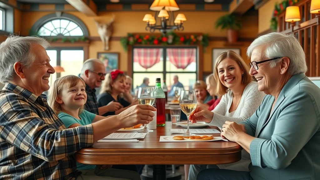 Multigenerational family enjoying a meal at a cozy, lively Branson restaurant, with Ozarks accents and kids coloring