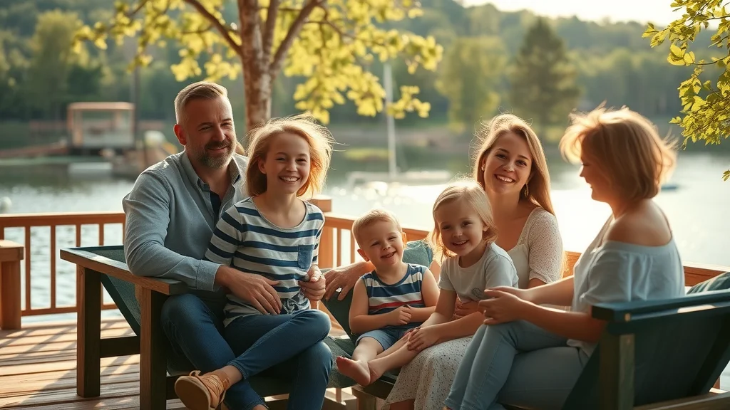 Sunlit lakeside family enjoying time together near Table Rock Lake, showing smiling parents and kids relaxing on a wooden deck with sparkling water and lush trees in the background.