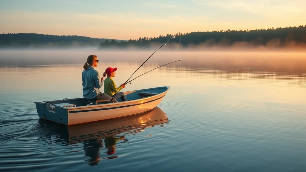 Peaceful family fishing experience at sunrise on Table Rock Lake, parent and child casting lines from a small boat with mist and wooded shoreline in the background.