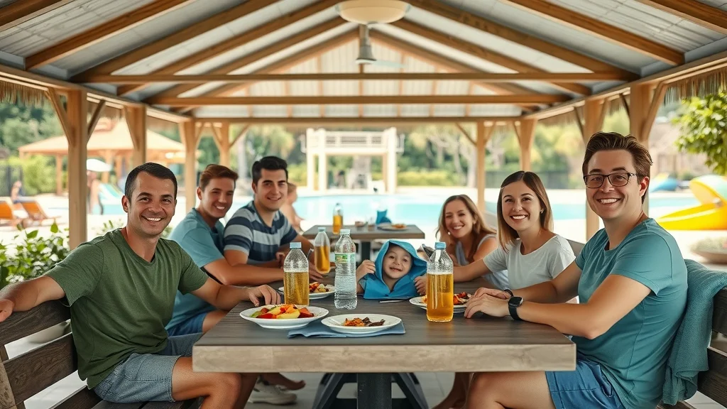 Families enjoying snacks and drinks in shaded water park lounge area: cheerful kids, relaxed parents, picnic tables, nearby water features, greenery