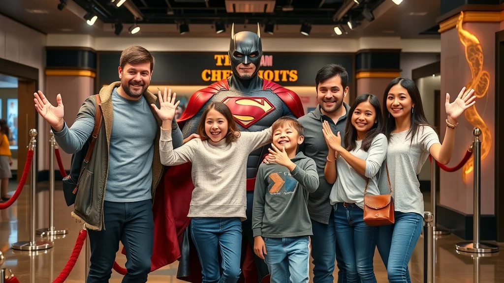 Cheerful family posing with wax movie characters at Branson Wax Museum, fun indoor activity for kids