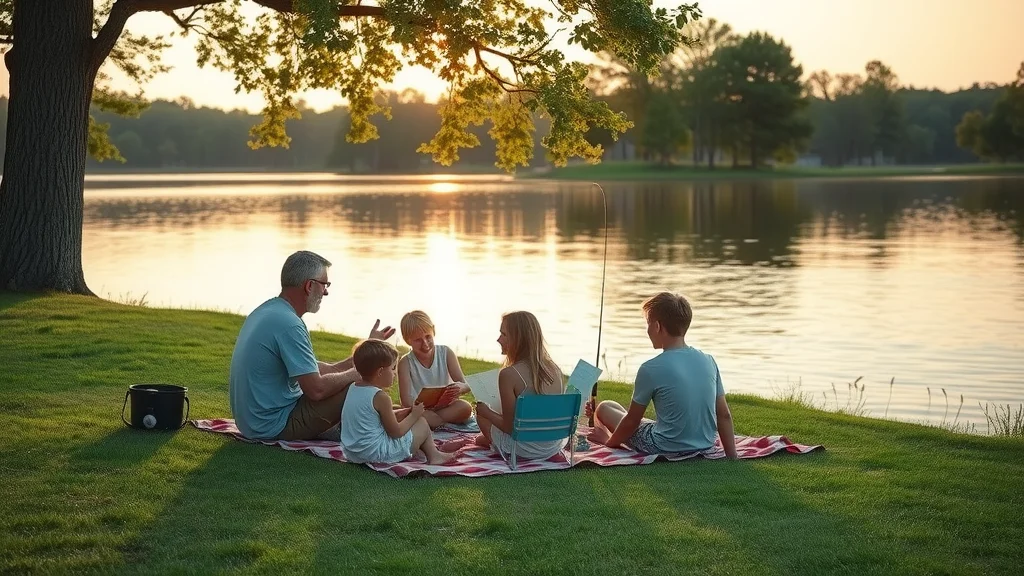 Family of all ages relaxing by Table Rock Lake in Branson—enjoying a picnic, fishing, and reading together on a sunny, grassy lakeside.