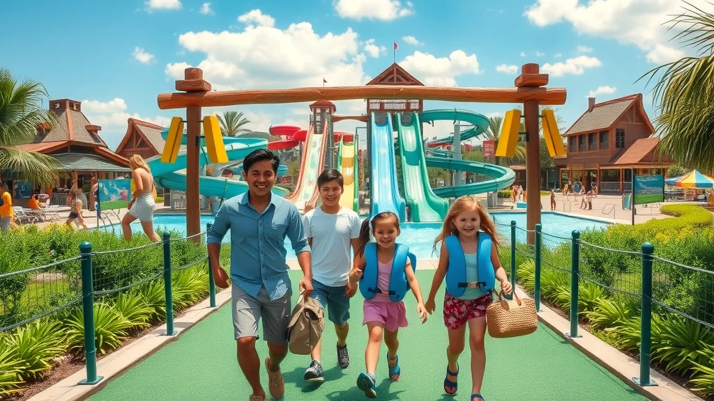 Excited family entering Branson water park: waving children with picnic bag, view of water slides and park entrance, perfect for a family vacation from Tribesman Resort