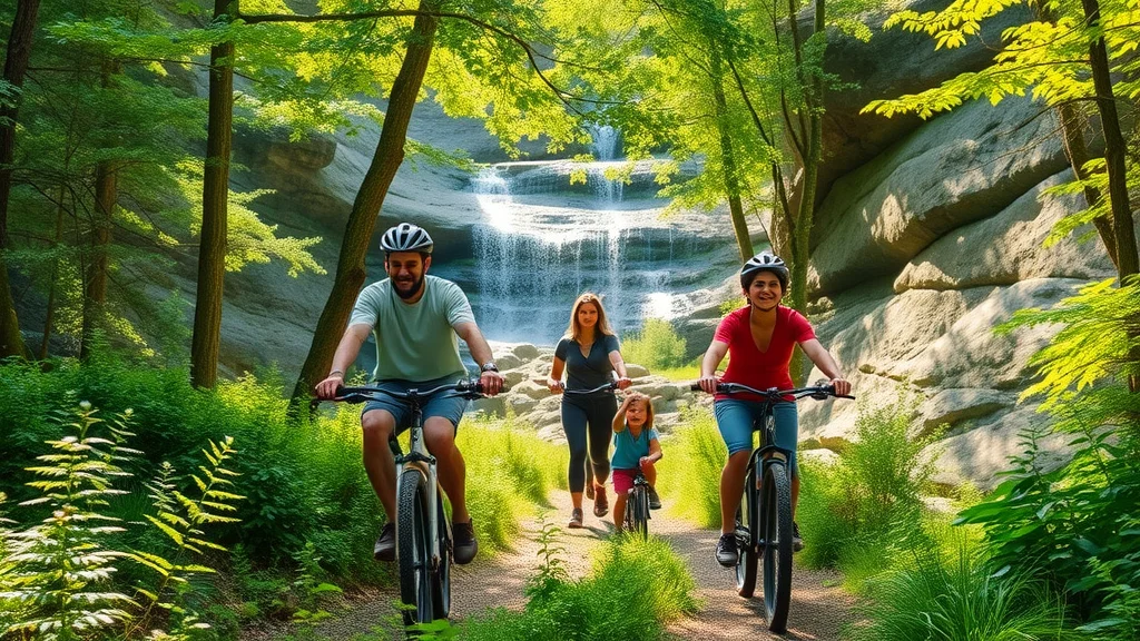 Family hiking and biking together along a sun-dappled trail in Dogwood Canyon Nature Park, with waterfalls, green foliage, and a gentle stream in the background.