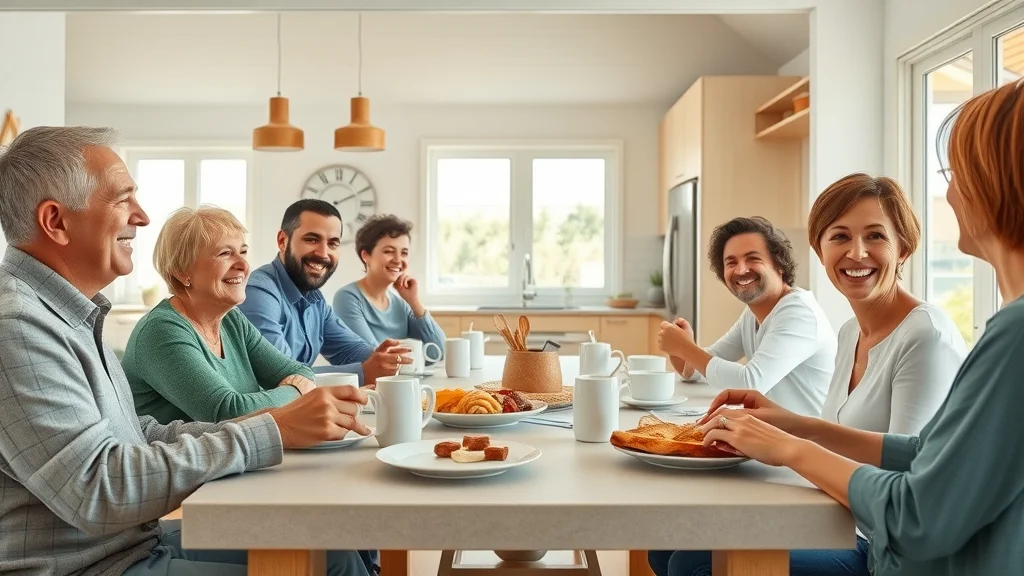 Vacation rental in Branson near Table Rock Lake—interior shot with multigenerational family sharing breakfast in a sun-filled open kitchen, relaxed and happy.
