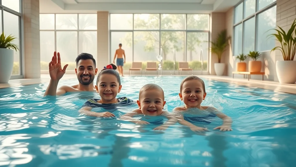 Family relaxing and playing in an indoor pool with large windows at a resort near Table Rock Lake, bright tiles and plants highlighting the cozy, inviting space during a rain shower.