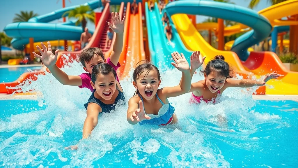 Children and parents racing down colorful water slides at an adventure park near Table Rock Lake, with dynamic water splashes, bright pools, and energetic joy on their faces.