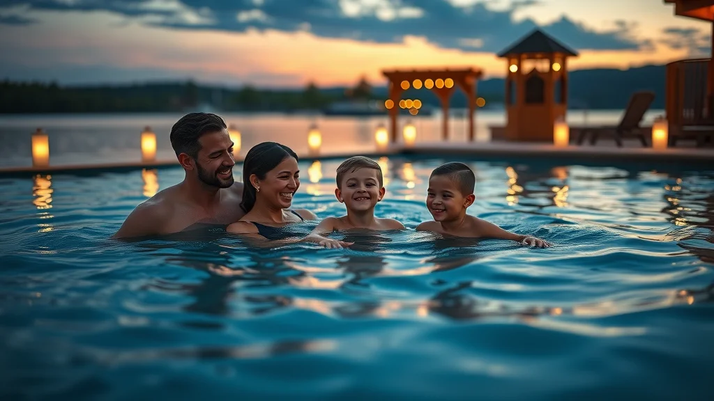 Family relaxing poolside at dusk during Branson vacation, laughter and glowing twilight lake view
