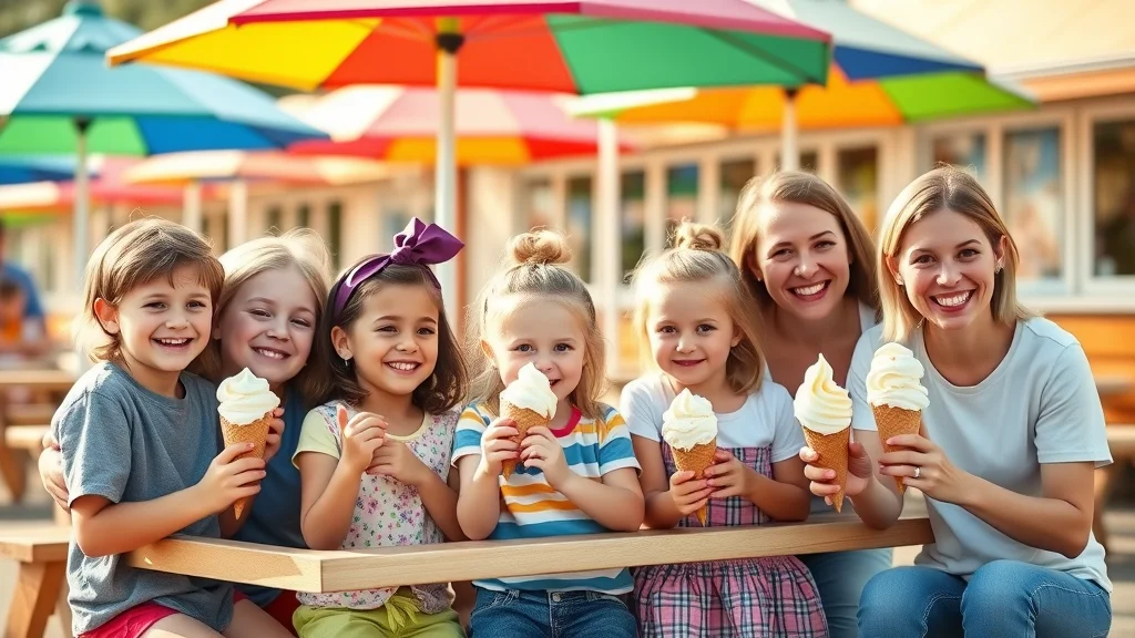 Children and parents enjoying frozen custard outdoors in Branson, smiling at picnic tables under colorful umbrellas