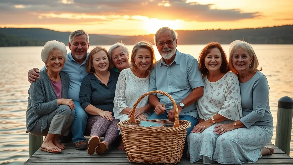 Multigenerational family photo on a lakeside dock at Table Rock Lake—warm sunset light, basket of keepsakes, all ages gathered and smiling.