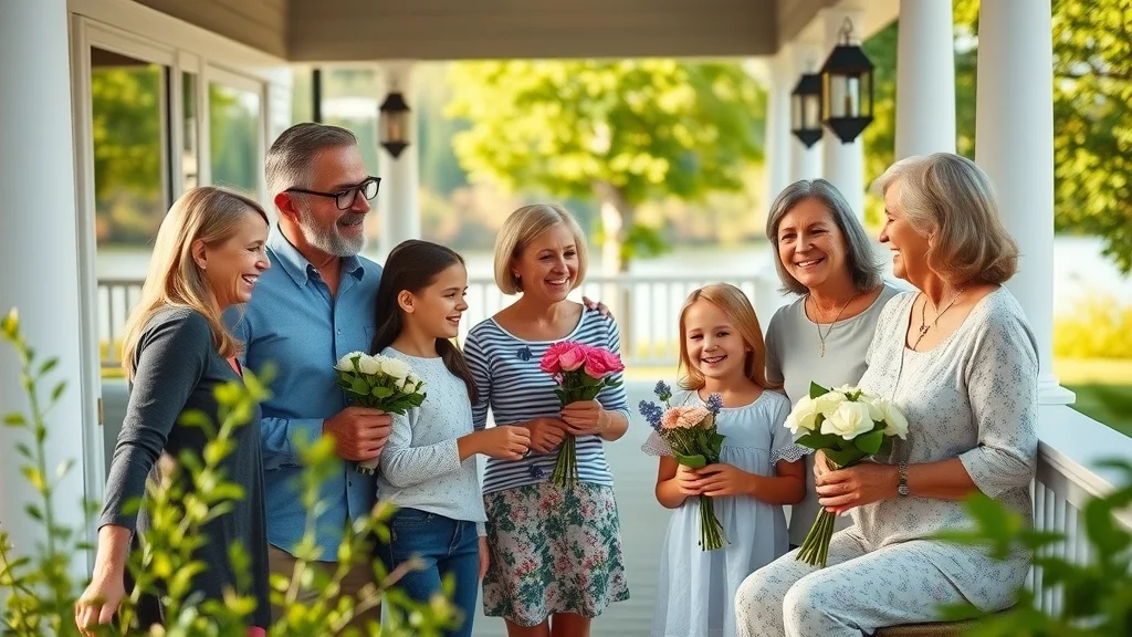 Multigenerational family reunion at a vacation rental by Table Rock Lake in Branson—joyful family gathered together, with children and grandparents exchanging flowers on a sunlit porch.