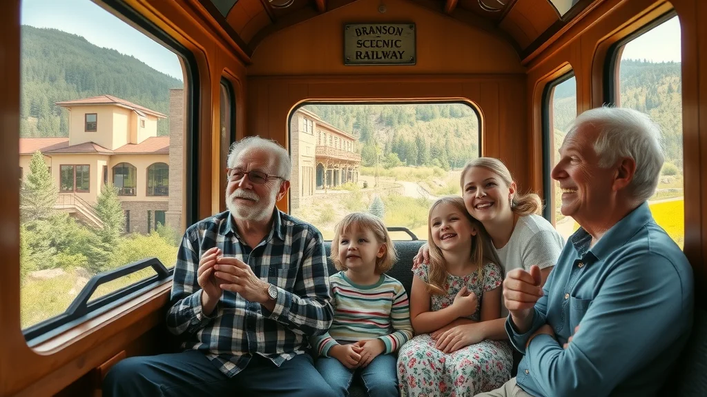 Branson Scenic Railway—grandparents and grandchildren gazing from a restored railcar, lush Ozark scenery outside the window.