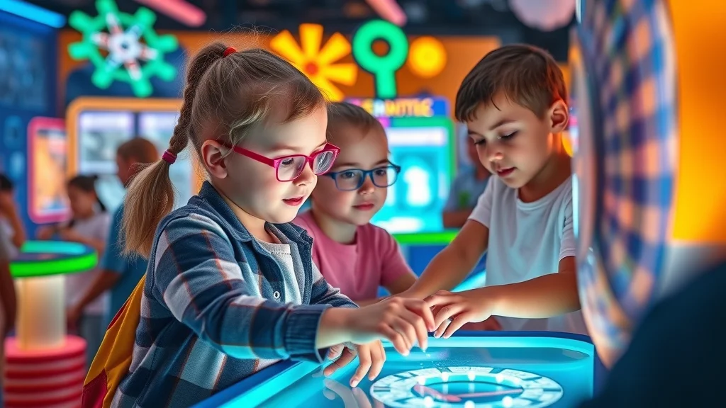 Curious children explore glowing science exhibits and interactive gadgets in a WonderWorks-style museum, photo-realistic, filled with primary colors, spinning wheels, fun play features, and bright modern lighting, energetic learning atmosphere.