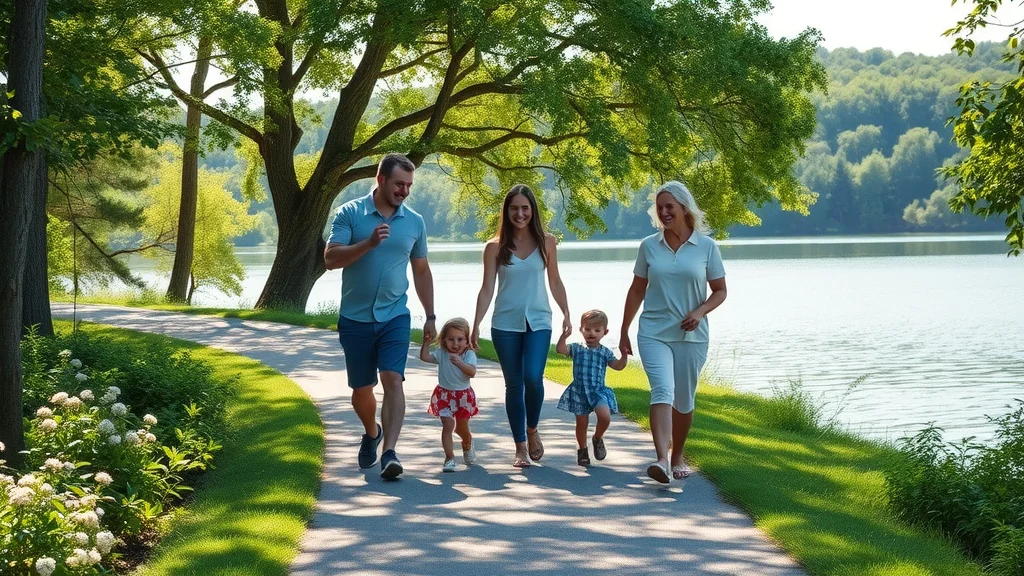 Family walking outdoors along Lake Taneycomo in Branson, parents and children enjoying tranquil Ozark lake path