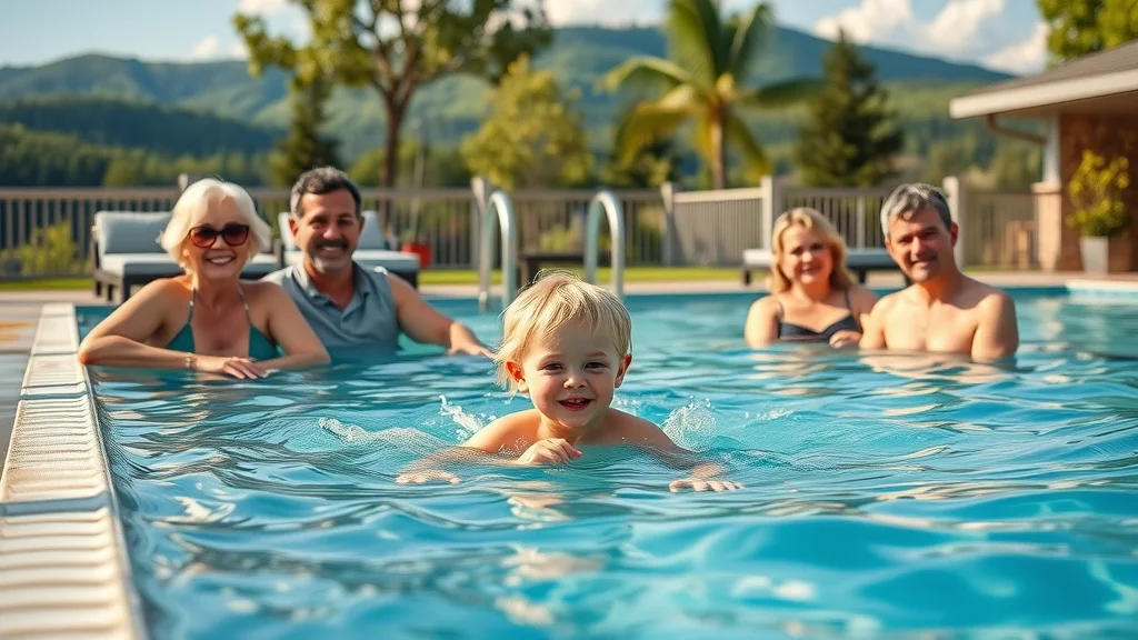 Family relaxing by outdoor pool at Branson family resort near Silver Dollar City with Ozark hills in background