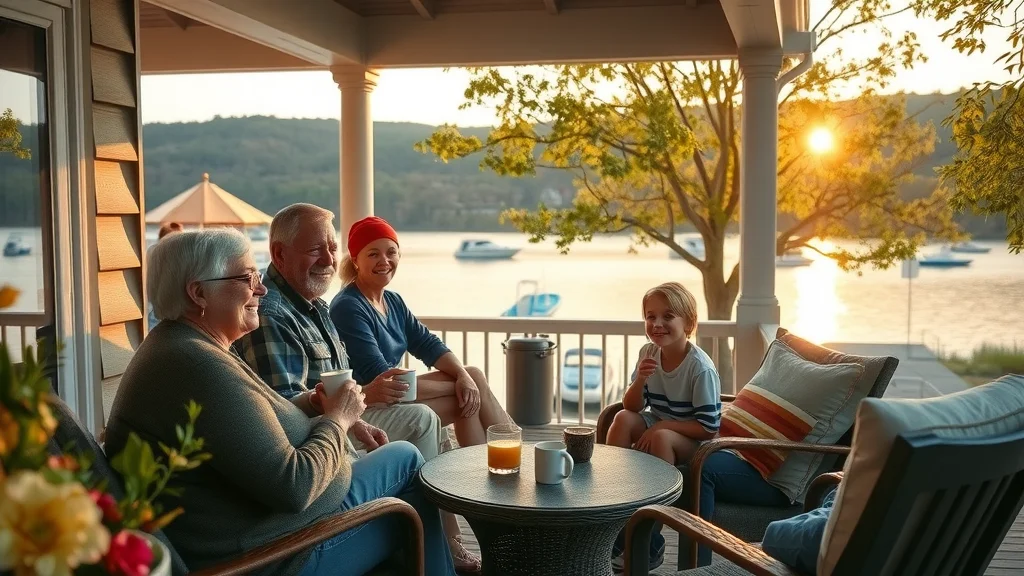 Inviting lakeside resort, Tribesman, with family enjoying sunrise views over Table Rock Lake in Branson
