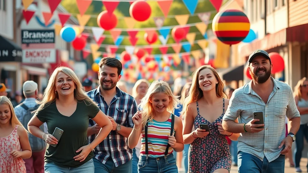Colorful Branson outdoor festival and parade, families with children enjoying a joyful main street celebration