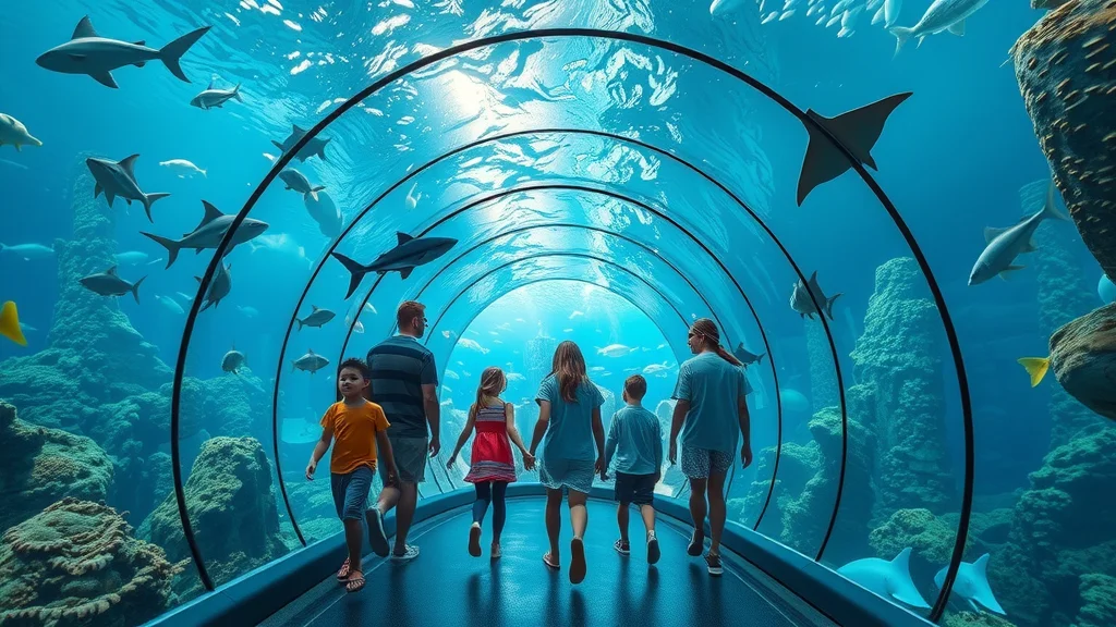 Children and adults walk in amazement through a curved glass tunnel surrounded by tropical fish and vibrant aquatic scenery, Aquarium at the Boardwalk in Branson, photo-realistic scene brimming with blue and coral hues, family immersed in marine adventure.
