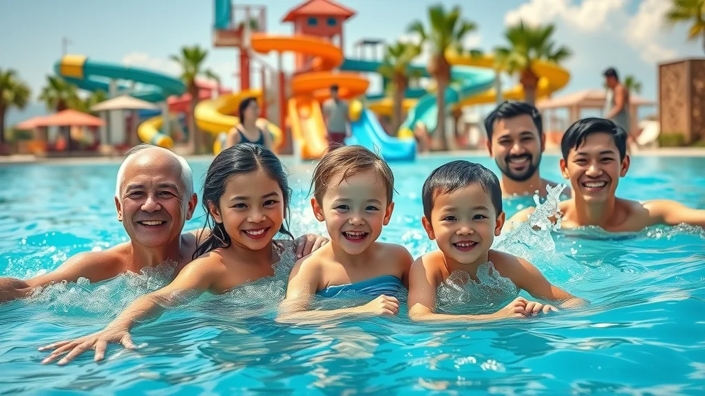 Multi-generational family enjoying Branson water parks for all ages: vibrant outdoor pool, smiling adults and children, waterslides, cabanas, and palm trees in sunlight