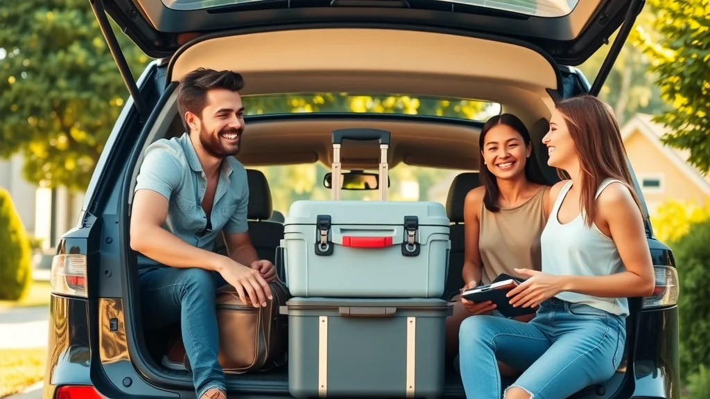 Bright, happy family packing car trunk for Branson family vacation, excitement for adventure, sunny driveway