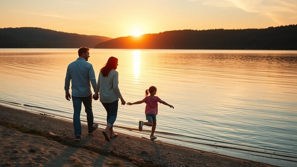 Family walking along Table Rock Lake at sunset near a family friendly resort in Branson MO