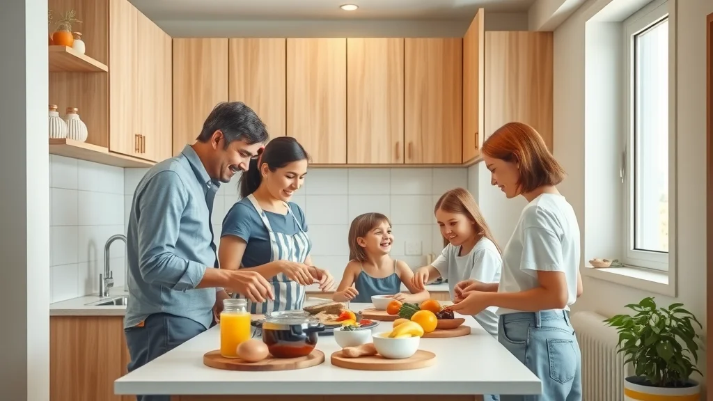 Parents and kids preparing breakfast in a kitchenette at a Branson family resort, togetherness and budget travel