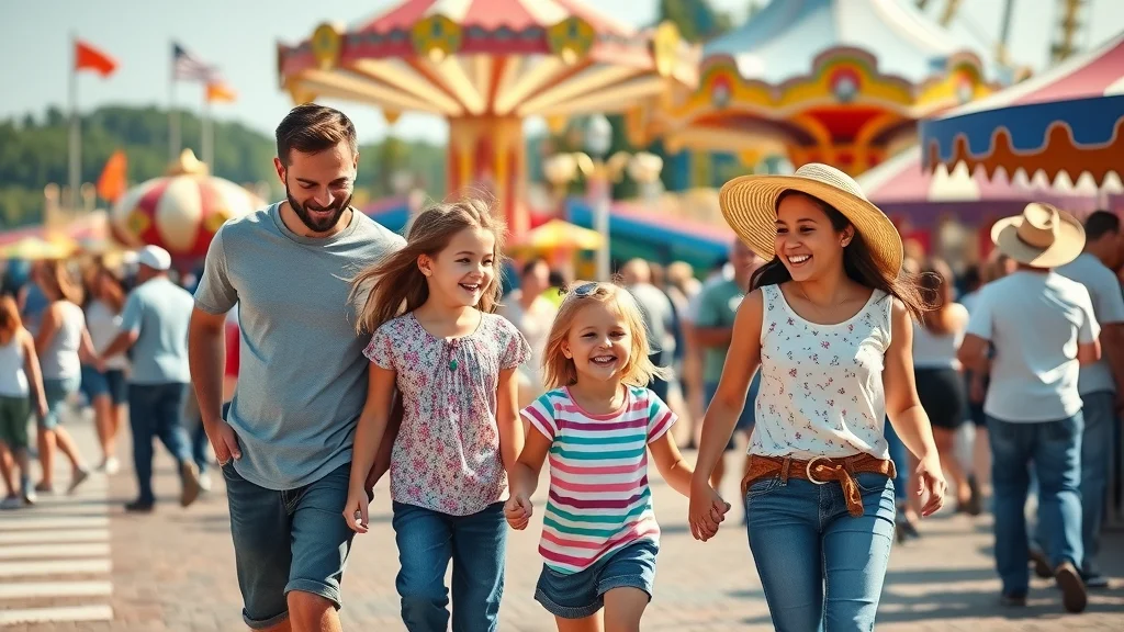 Vibrant family with young children enjoying a day at a bustling amusement park near Silver Dollar City, best activities for kids in Branson