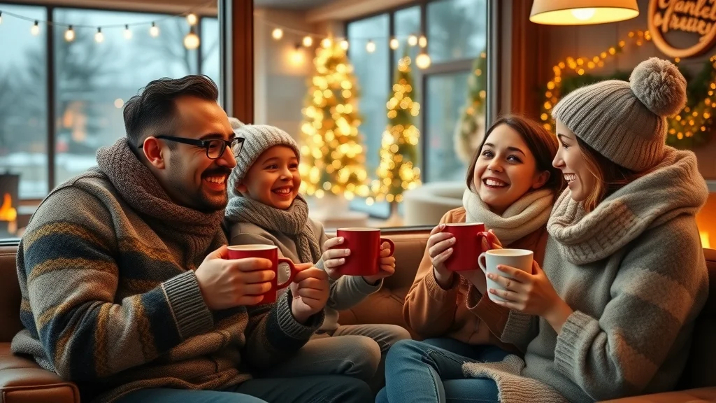 Warm family laughter inside a cozy Branson resort lounge, sipping hot cocoa by the window with festive lights and snow visible outside, joyful winter ambiance, soft lighting, friendly togetherness.