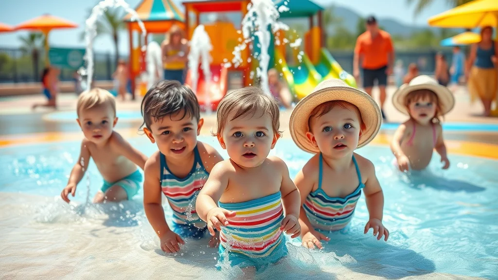 Colorful toddler splash zone at Branson water park: playful children, fountains, soft surface, and watching parents