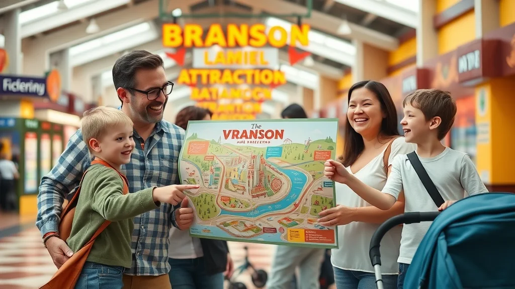 Family exploring indoor attractions for families in branson, gathered around a colorful map in a lively Branson attraction lobby, parents and children pointing with excitement, vibrant setting, cheerful expressions, stroller props, photo-realistic scene with natural lighting.