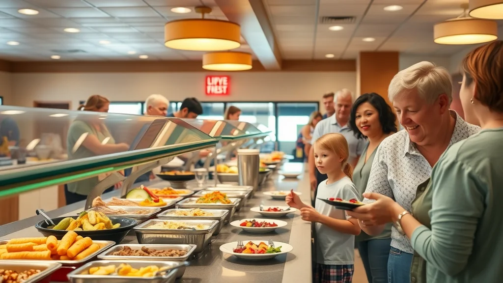 Family enjoying buffet at a family restaurant in Branson, featuring colorful comfort foods and smiling staff