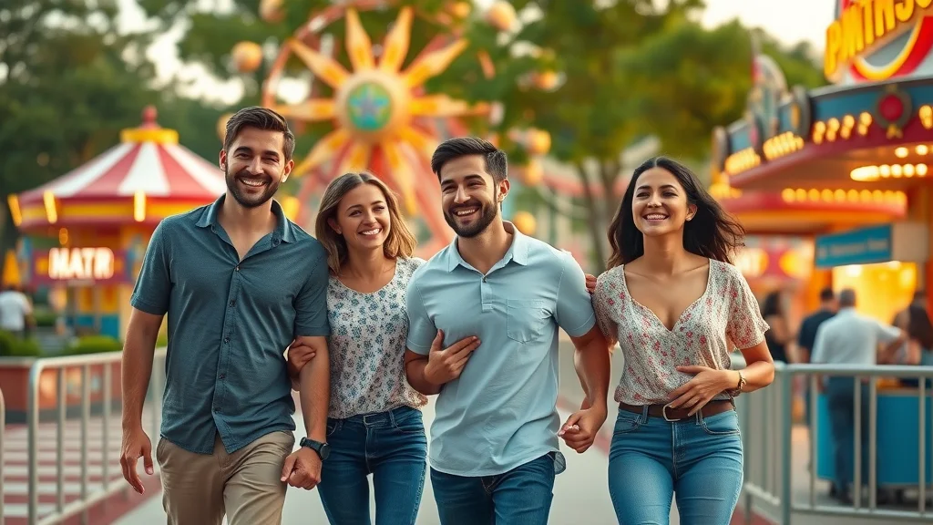 Vibrant family enjoying an amusement park in Branson—smiling, walking hand-in-hand past colorful rides, rollercoasters in background, festive atmosphere, photorealistic, natural skin tones, golden hour, 35mm DSLR lens, high realism.