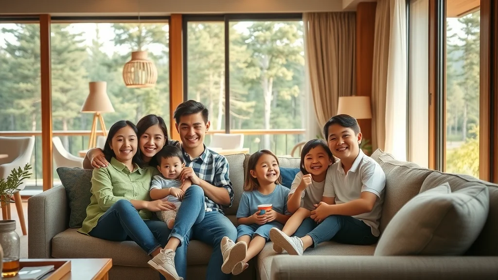 Cozy family in spacious Tribesman Resort suite near Branson—relaxed, lounging together, modern living space with forest views, photorealistic, warm earthy tones, 35mm lens.