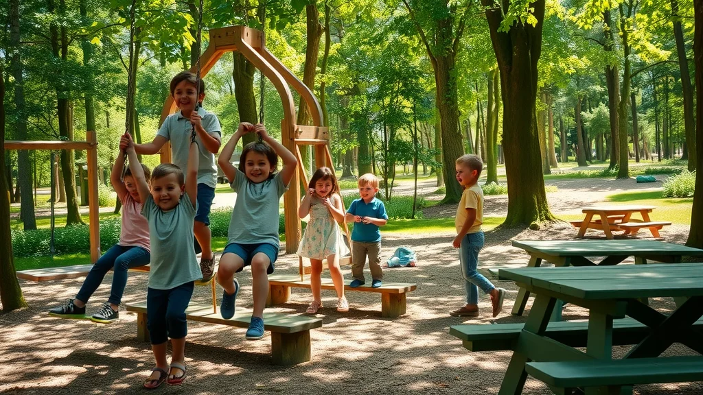 Children playing in a wooded playground at Tribesman Resort, Branson—swinging on wooden play structures, leafy forest, sun-dappled, picnic tables, photorealistic, 85mm portrait lens.
