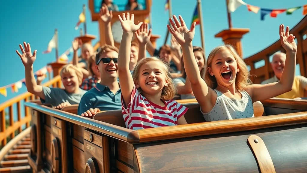 family fun in branson missouri - Cheerful children and adults enjoying a wooden roller coaster at Silver Dollar City with festive flags and sunny skies