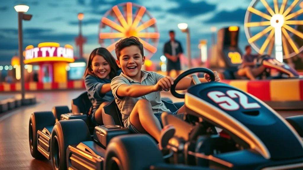 Energetic siblings racing go-karts at The Track Family Fun Parks—excited, driving on bright track, neon lights, Ferris wheel, open-air, dusk, rich detail, 50mm lens.