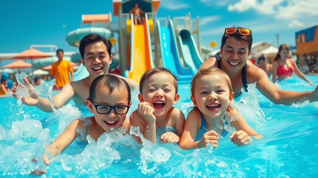 Happy children and parents at White Water, Branson—laughing, sliding down water slide, vibrant water park, blue sky, photorealistic, crisp detail, cool aqua palette, 24mm wide-angle lens.