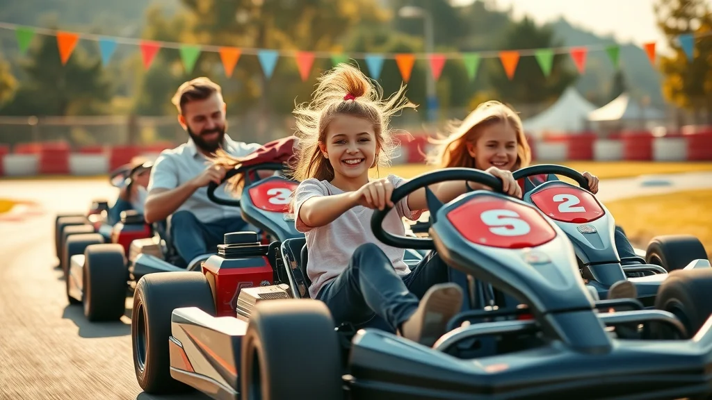 family fun in branson missouri - Exuberant family racing go-karts outdoors at Track Family Fun Parks under a sunny sky