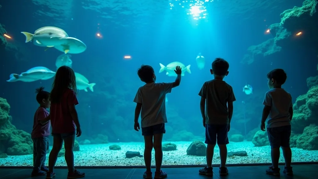 Children exploring large aquarium tanks at the Boardwalk in Branson, interactive indoor activities for families