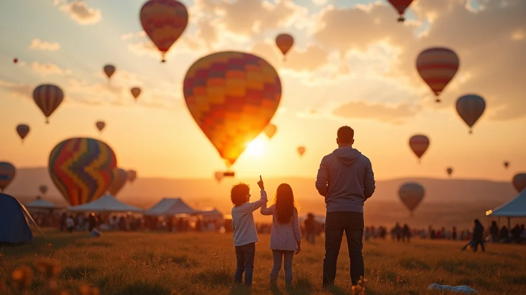 Colorful outdoor balloon festival featuring families watching hot air balloons during Branson festivals suitable for families