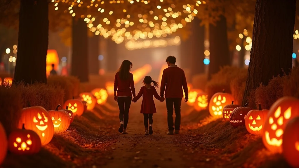 Magical autumn festival night with families exploring glowing pumpkin trails at Silver Dollar City during Branson festivals suitable for families
