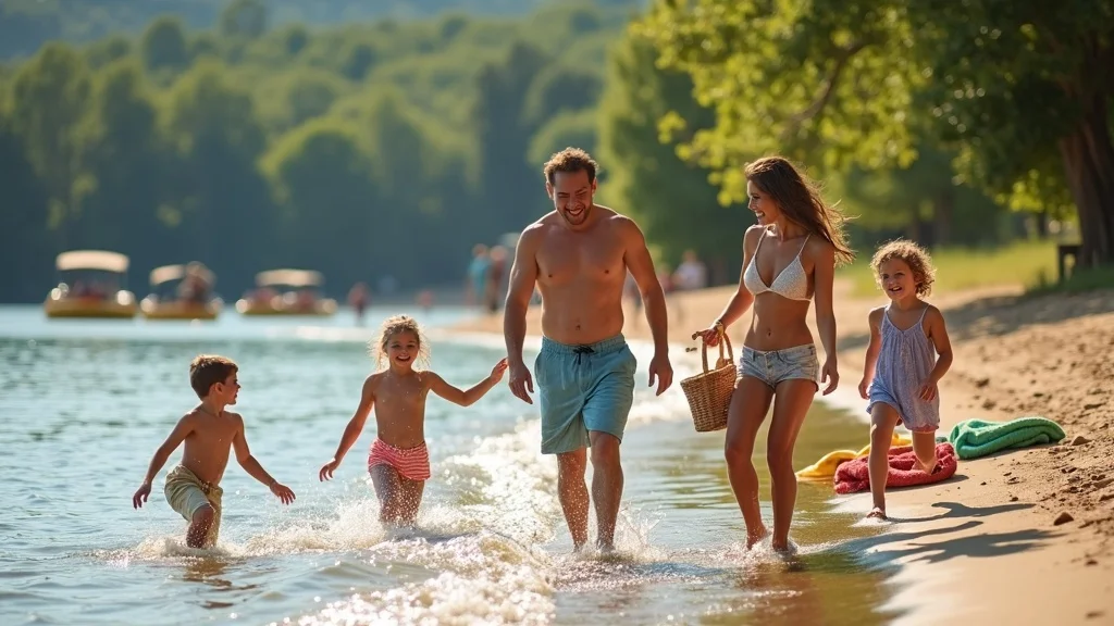 Multigenerational family playing and laughing by Table Rock Lake, kids tossing beach ball, families splashing in Ozark landscape near Tribesman Resort — best activities for kids in Branson Missouri