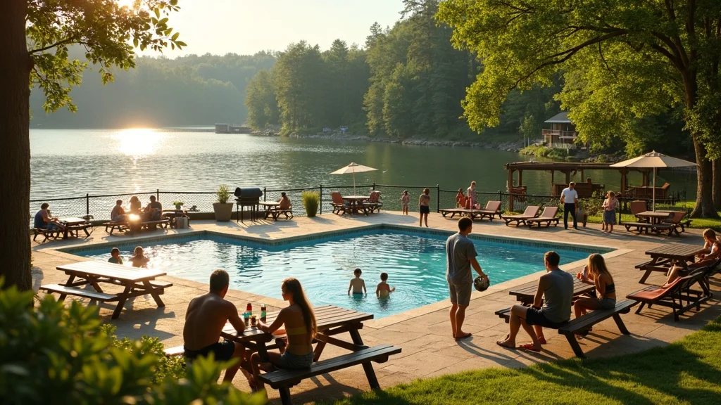 Inviting lakeside resort scene at Tribesman Resort, perfect for families visiting Branson festivals
