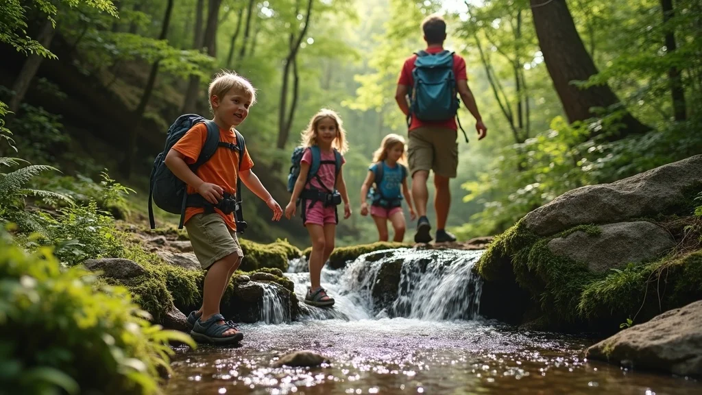 Children playing in the interactive water fountains at Branson Landing, waterfront family fun with lights and shopping